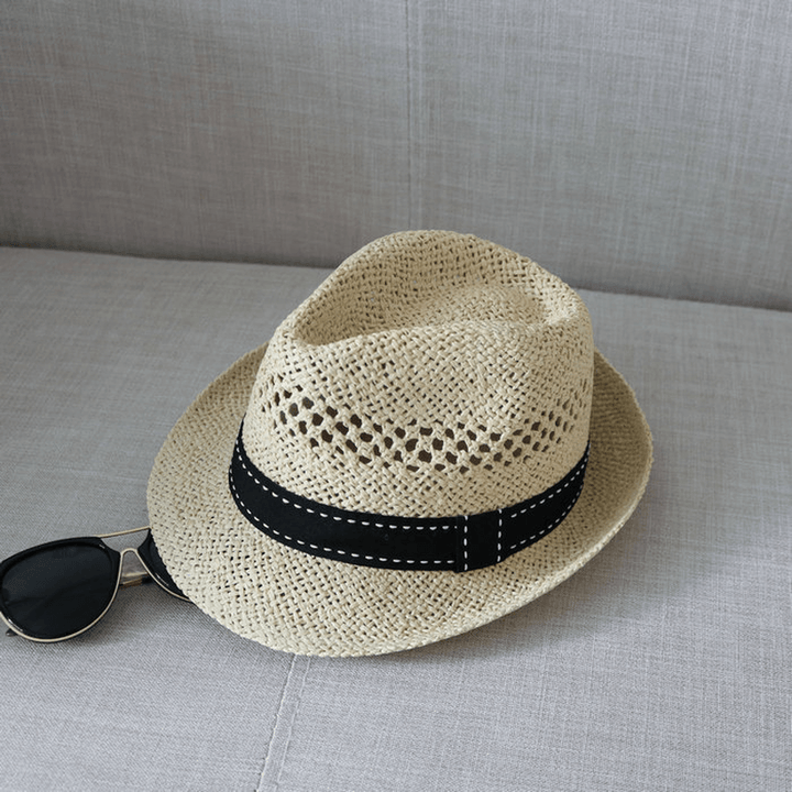 Straw Hat Cool Hat New Summer Hat Men'S and Women'S Top Hat Woven British Style Sun Protection Beach Hollow Out Sun Hat - MRSLM