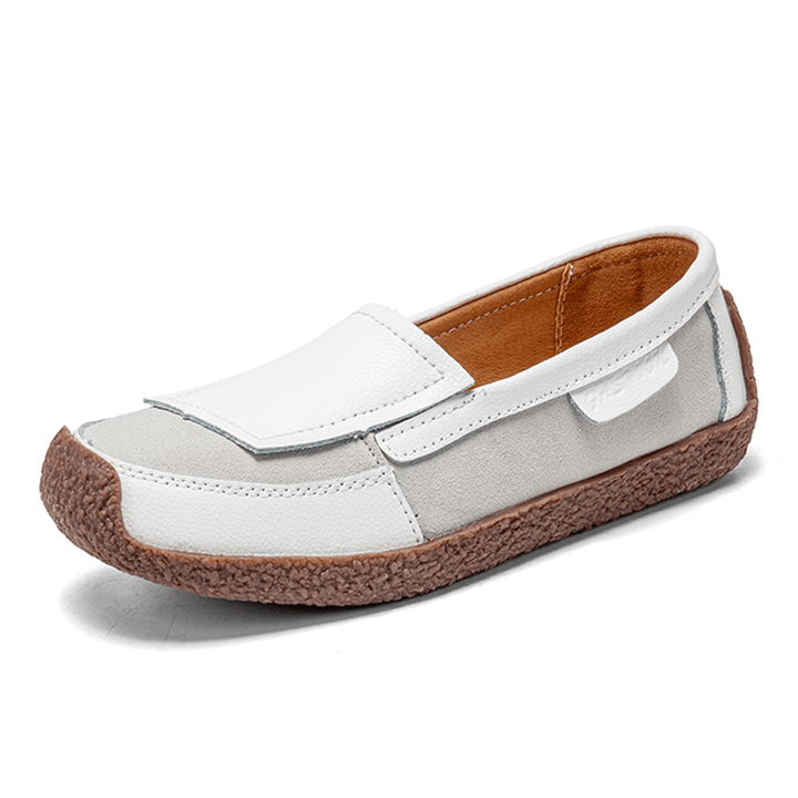 Women Comfy Leather Splicing Soft Slip on Flat Loafers - MRSLM