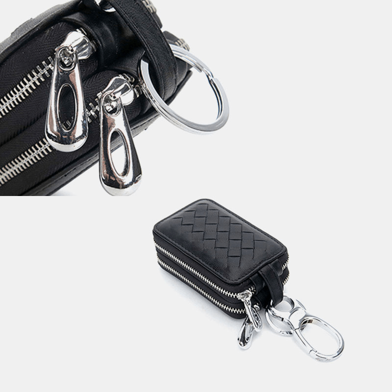 Unsiex Genuine Leather Double Zipper Hanging Woven Pattern Car Key Case Holder Keychain Wallet - MRSLM