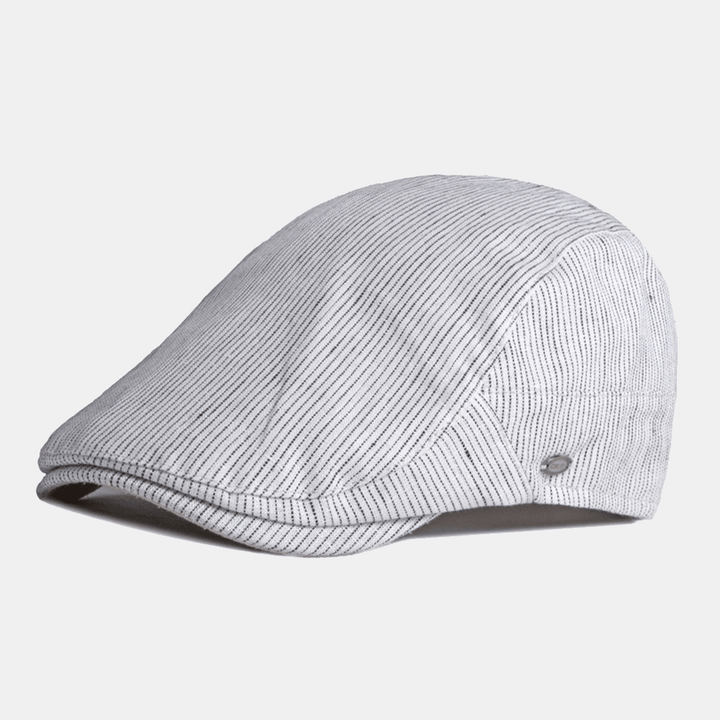 Men Cotton Linen Pinstripe Beret Cap British Retro Metal Label Adjustable Casual Flat Cap - MRSLM