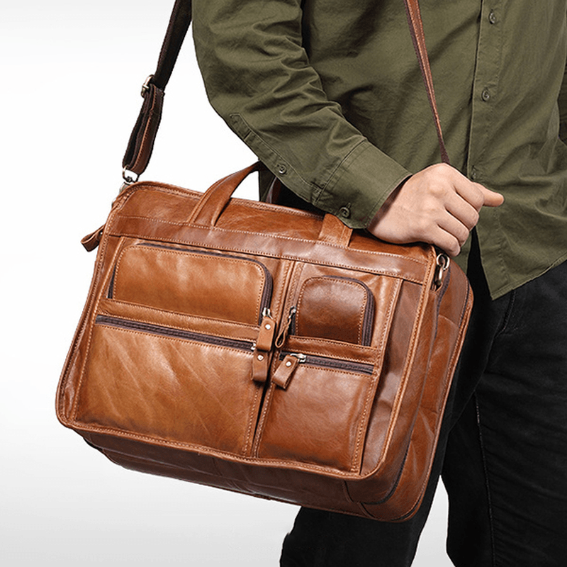 Men Genuine Leather Business Large Capacity 13.3 Inch Laptop Bag Handbag Briefcase - MRSLM