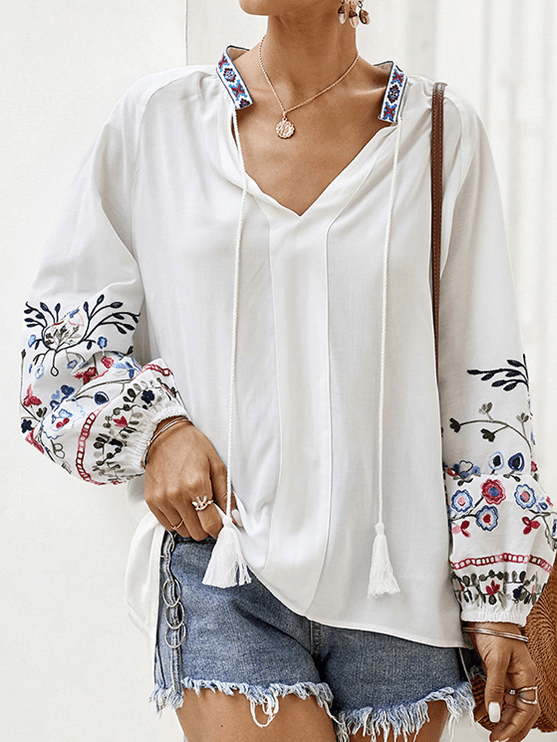 Flower Embroidery V-Neck Drawstring Cuffs Casual Blouse - MRSLM