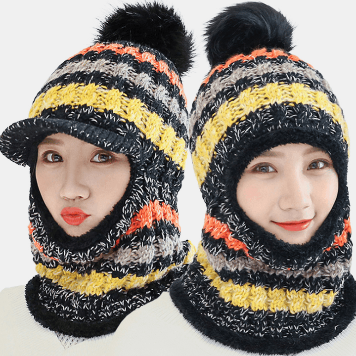 Women Wool One-Piece plus Velvet Thicken Warm Windproof Neck Face Protection Riding Knitted Hat Baseball Hat - MRSLM