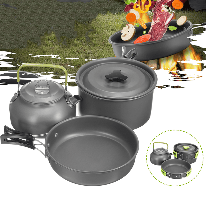 3PCS Camping Pot Cookware Pans Kettle Set Aluminum Alloy Portable Outdoor Camping Fishing Travel - MRSLM