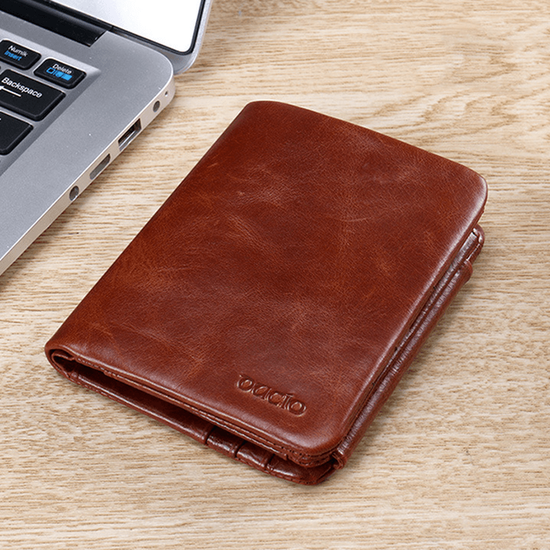 Men Genuine Leather Zipper Pocket 12 Slots Trifold Wallet - MRSLM