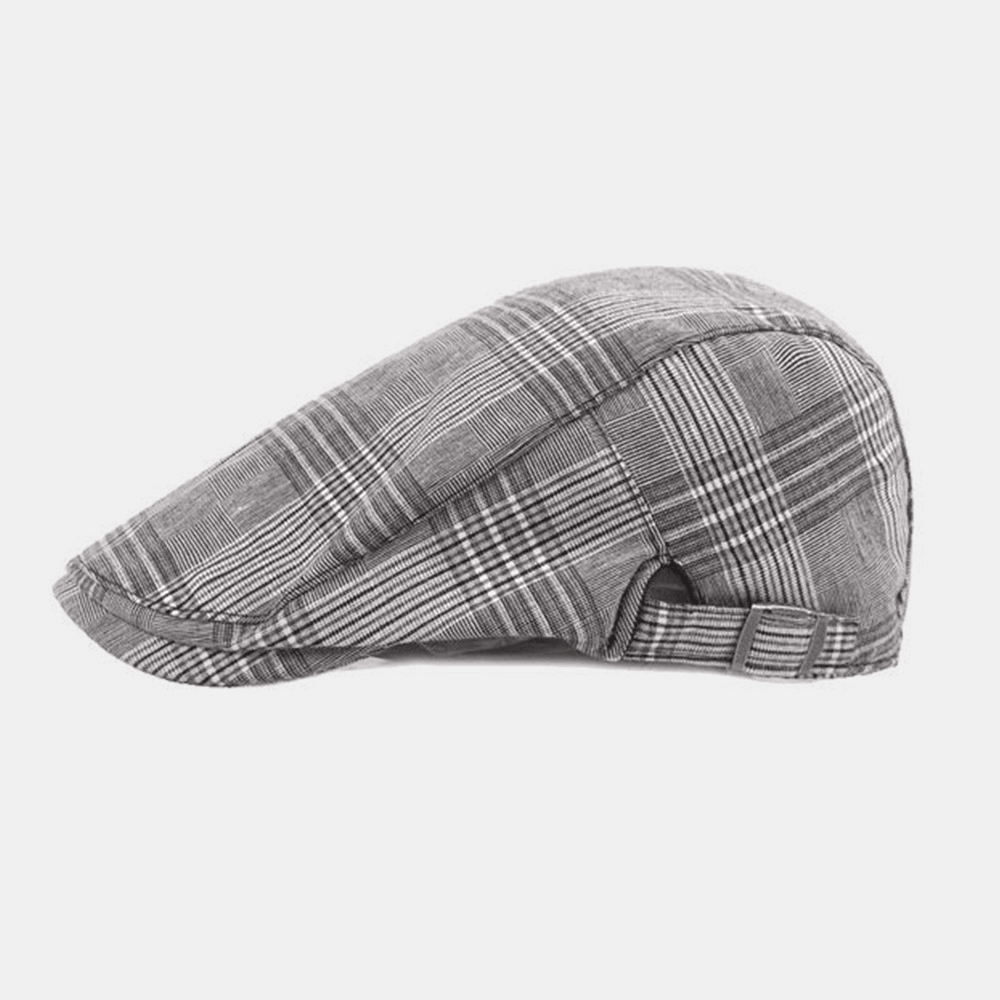 Men Cotton Beret Cap Plaid Pattern Casual Retro Sunshade Forward Cap Flat Hat - MRSLM