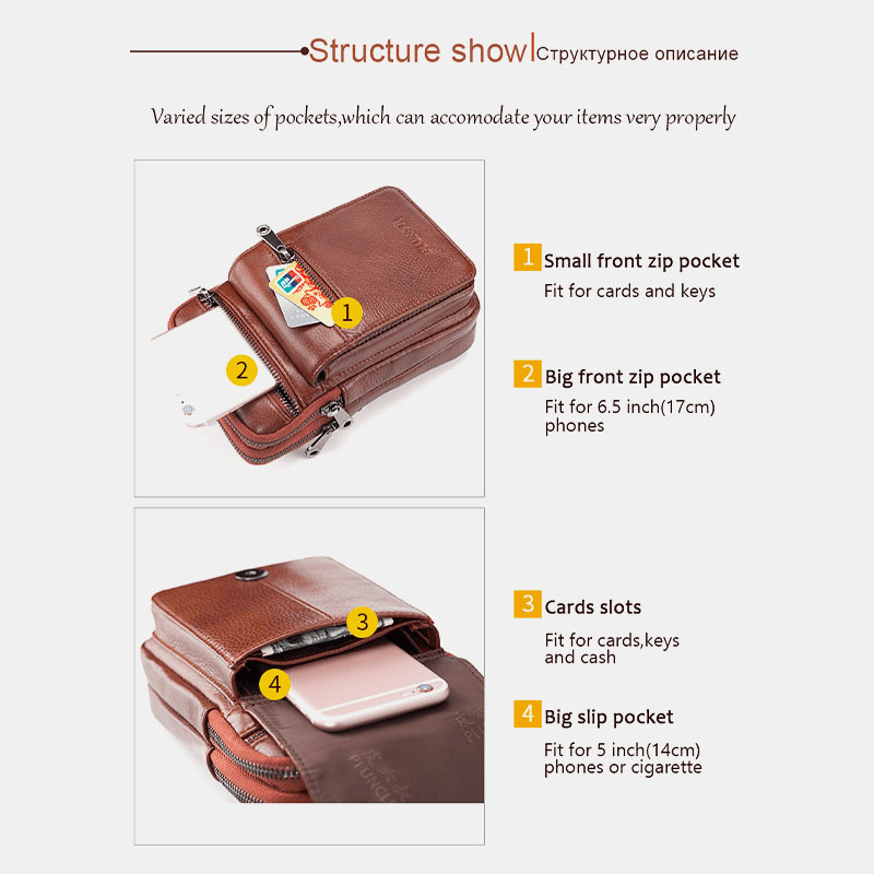 Men Genuine Leather Cowhide Multi-Carry Retro 7.2 Inch Phone Crossbody Bag Hanging Belt Bag Waist Bag - MRSLM