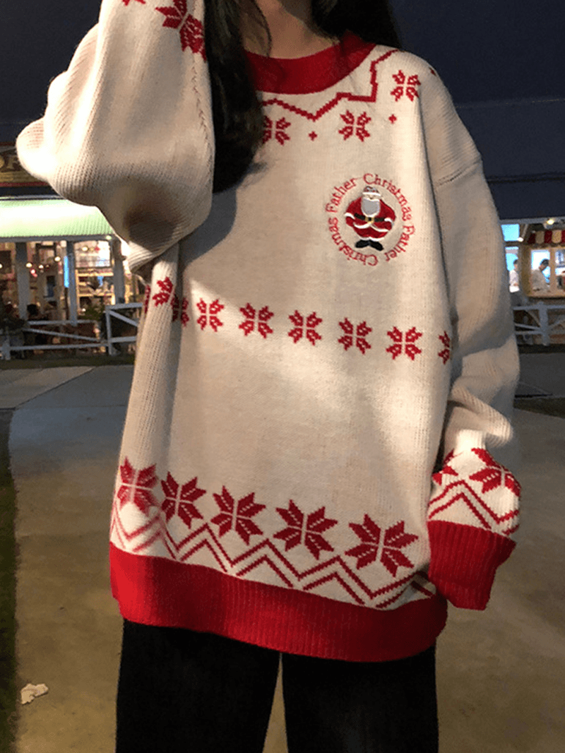 Women Christmas Father Snowflake Pattern Knitted Loose Drop Sleeve Sweaters - MRSLM