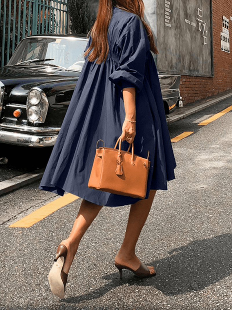 Women Solid Color Pleated Long Sleeve Casual Shirt Midi Dresses - MRSLM