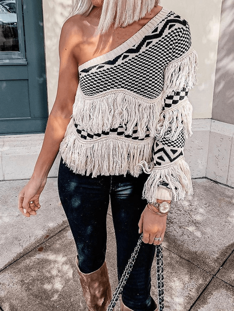 Women Grid Pattern Knitted Stitching One Shoulder Tassel Sweater - MRSLM