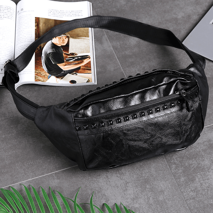 Men PU Leather Large Capacity Chest Bag Retro Waterproof Rivets Decorate Crossbody Shoulder Bag - MRSLM