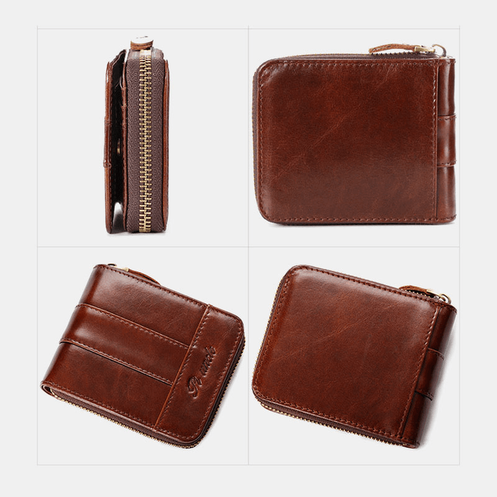 Men Genuine Leather Mini Retro Leather Coin Card Holder Zipper Wallet - MRSLM