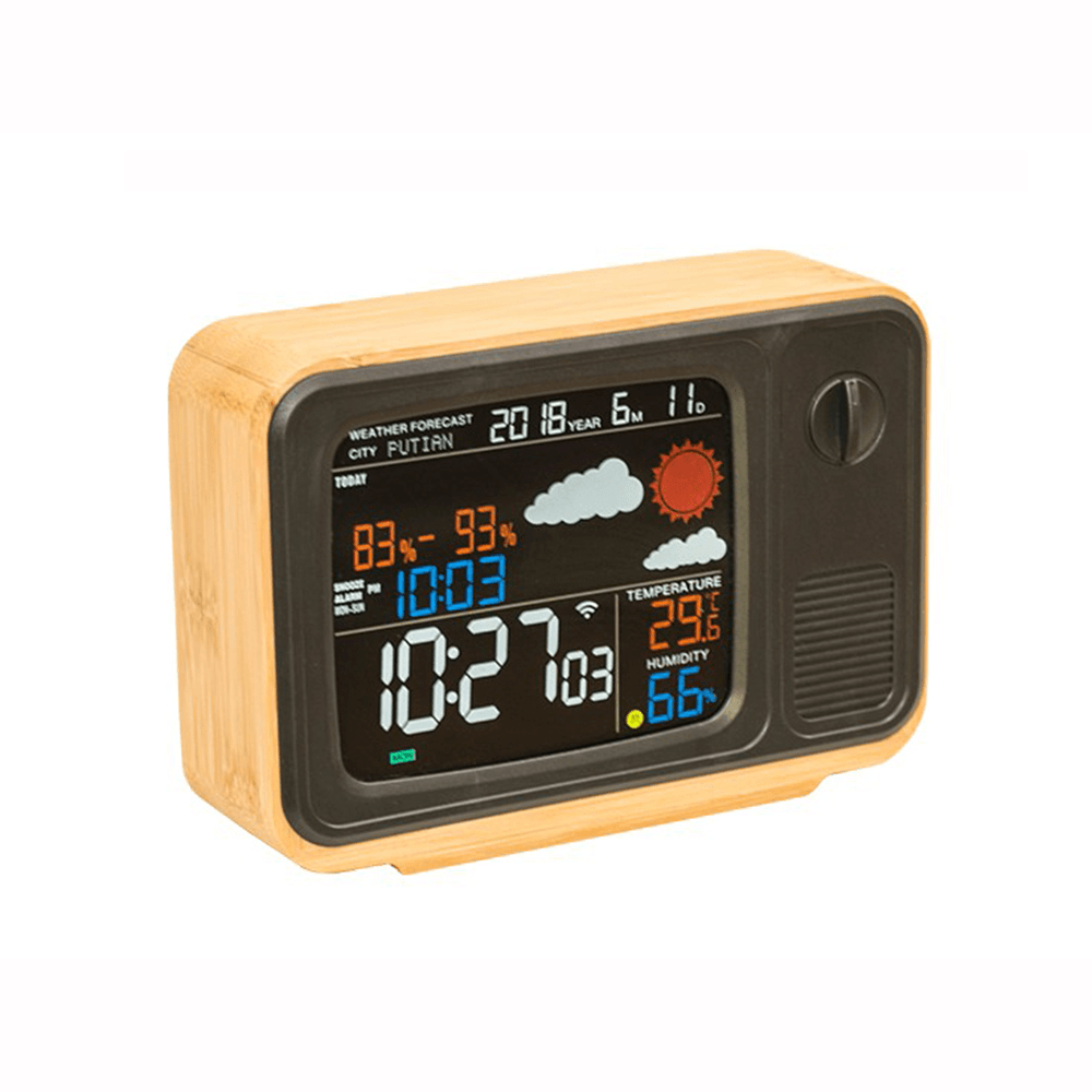 Digital USB Wifi Weather Forecast Station Desk Bamboo Alarm Clock Temperature Humidity APP Control - MRSLM