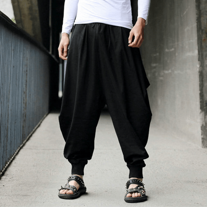 Mens Casual Cotton Linen Solid Color Baggy Loose Harem Pants - MRSLM