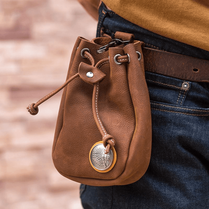 Men Genuine Leather Retro String Pocket Badge Decoration Waist Bag 6.3 Inch Phone Bag - MRSLM