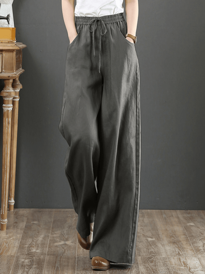 Women Solid Color Elastic Waist Drawstring Wide Leg Pants with Pocket - MRSLM