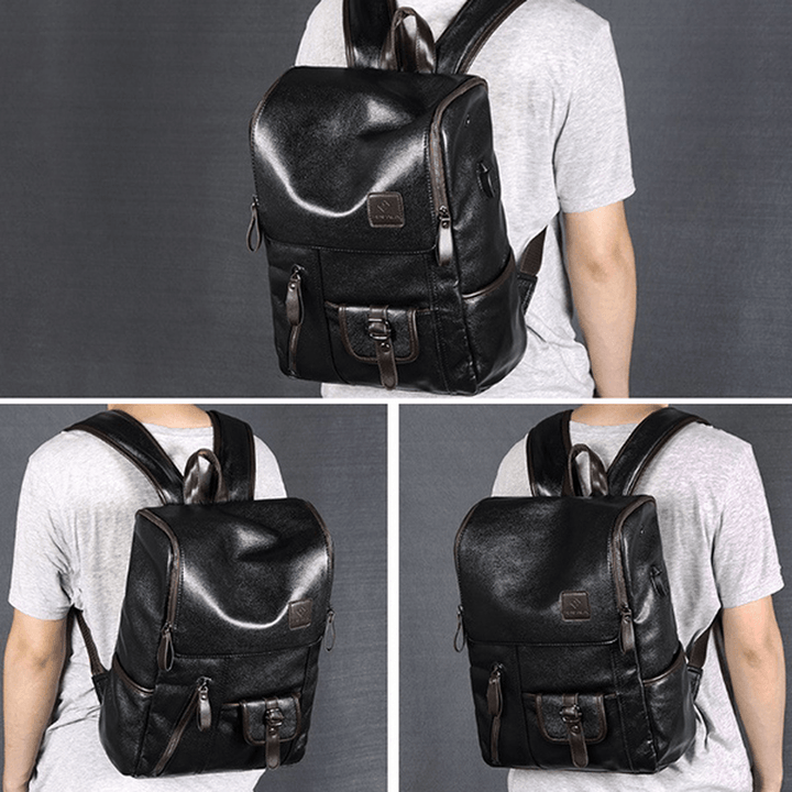 Men PU Leather Solid Vintage Large Capacity Backpack USB Charging Shoulder Bag - MRSLM