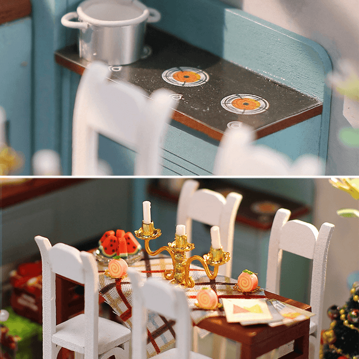 Wooden Dining Room DIY Handmade Assemble Doll House Miniature Furniture Kit Education Toy with LED Light for Collection Birthday Gift - MRSLM