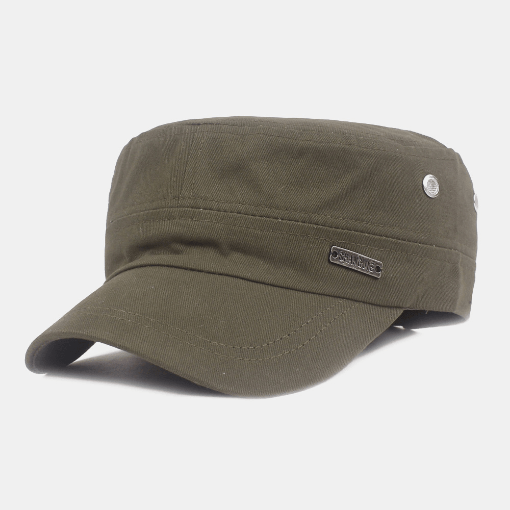 Men Cotton Metal Label Adjustable Military Cap Outdoor Casual Sunshade Breathable Flat Top Cap Cadet Cap - MRSLM