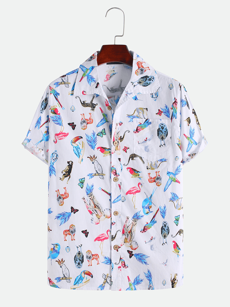 Mens Cotton Funny Animals Cartoon Print Causal Loose Short Sleeve Shirts - MRSLM