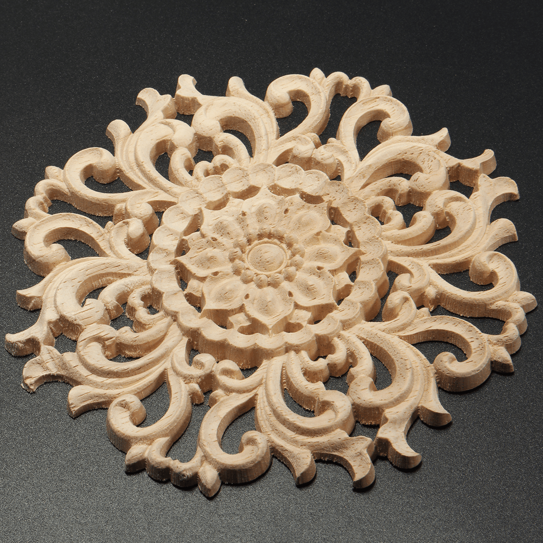 Wood Carved Onlay Applique Unpainted Flower Pattern Furniture Frame Door Decor 15Cm - MRSLM