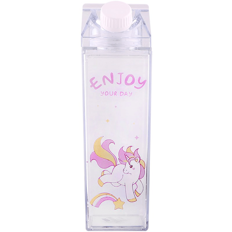 Portable Cup Novelty Milk Carton Shaped Cartoon Unicorn Printed Water Bottle - MRSLM