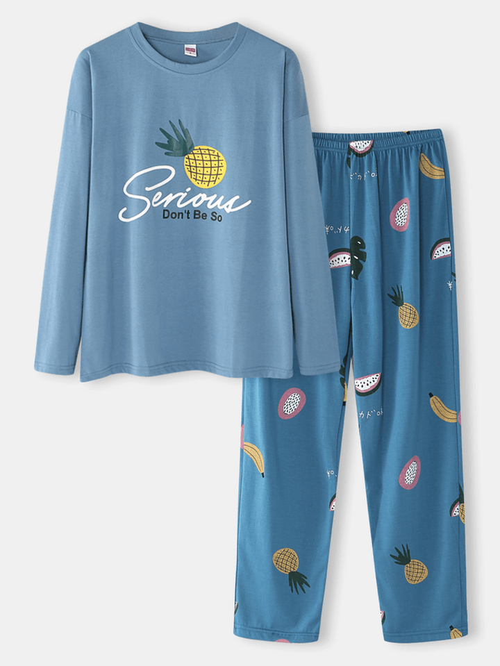 Women Cartoon Fruit Print O-Neck Loose Pants Cotton Comfy plus Size Home Pajamas Sets - MRSLM