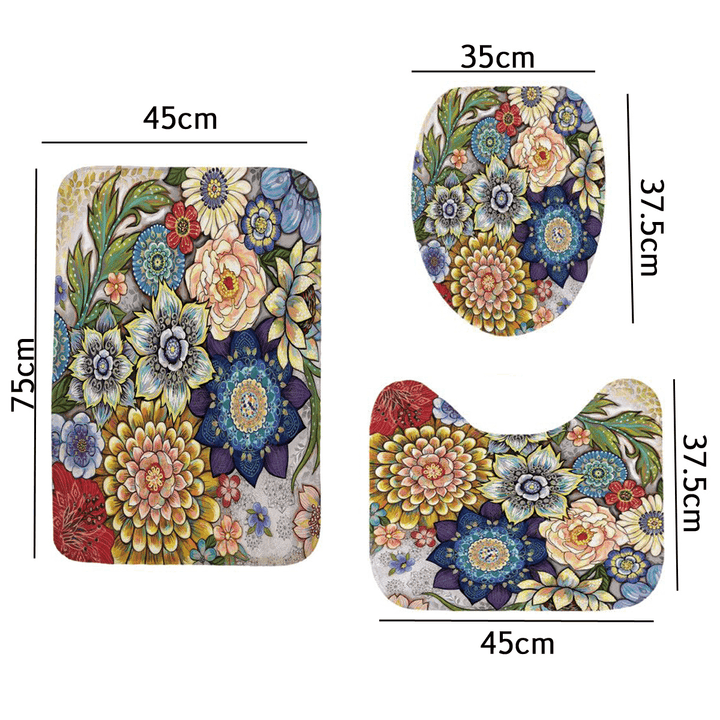 4Pcs Bathroom Mat Set Pedestal Rug Lid Toilet Cover Shower Curtain Non Slip - MRSLM