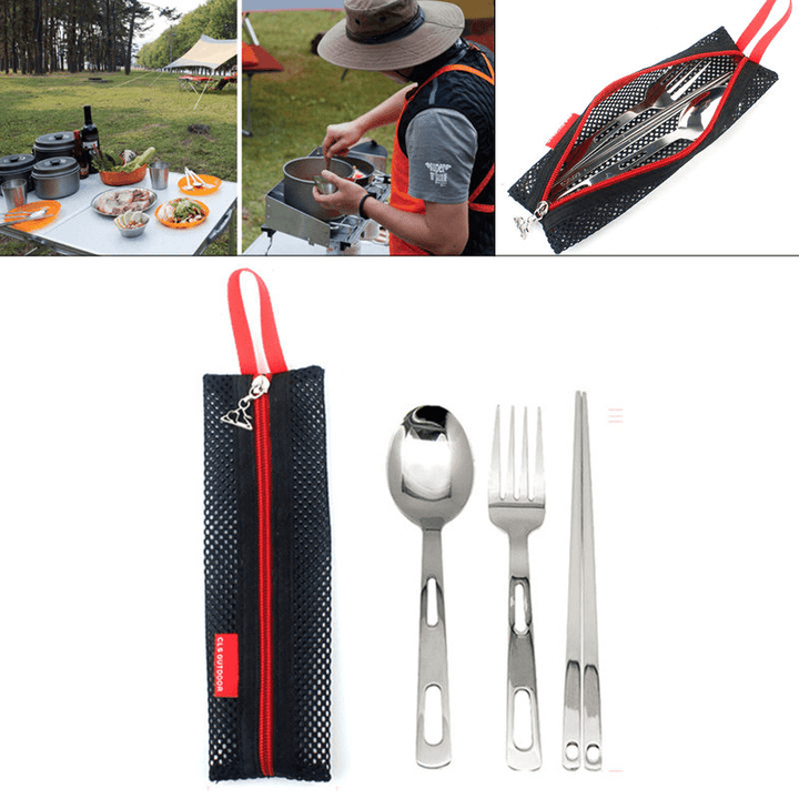 3Pcs Portable Outdoor Camping Picnic Set Stainless Steel Fork Spoon Chopsticks with Tableware Bag - MRSLM