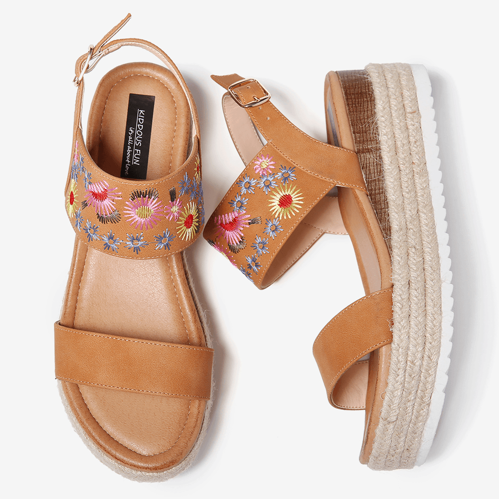 Women Espadrilles Embroidery Flowers Buckle Strap Slingback Platform Sandals - MRSLM