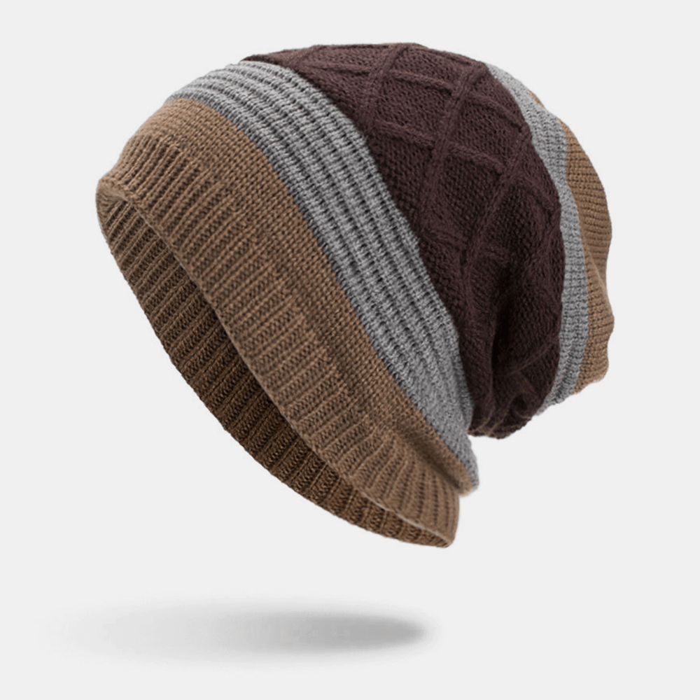 Men Winter plus Velvet Striped and Diamonds Pattern Outdoor Knitted Warm Beanie Hat - MRSLM