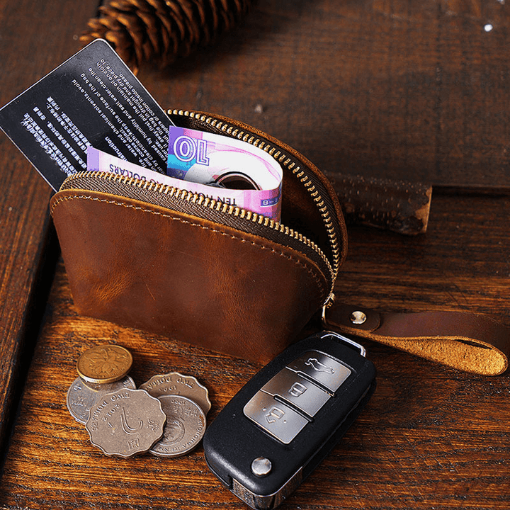 Men Genuien Leather Retro Mini Cute Hand-Carry Storage Bag Coin Bag Wallet - MRSLM