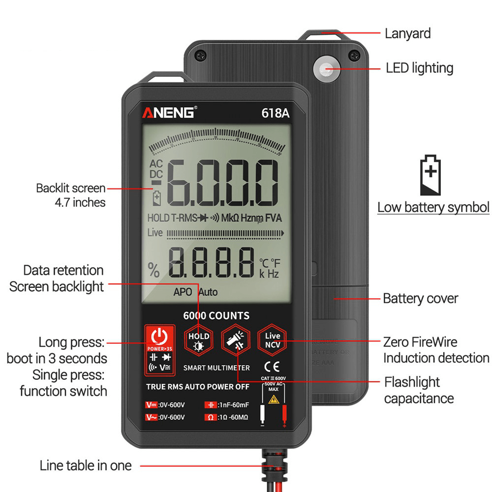 ANENG 618A Digital Multimeter Professional Smart Touch DC Analog True RMS Auto Tester Capacitor NCV Testers Meter - MRSLM