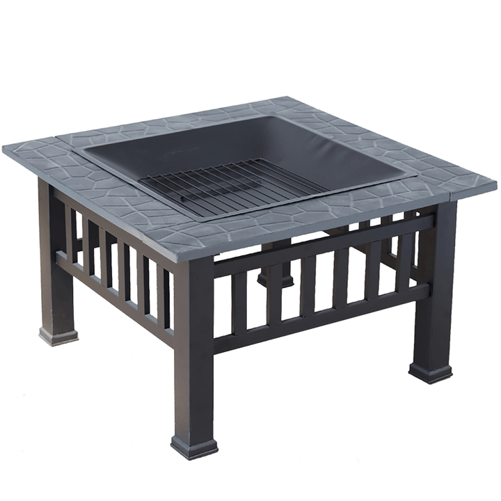 Outdoor Portable 32'' Metal Fire Pits Camping BBQ Square Table Backyard Patio Garden Stove Wood Burning Fireplace - MRSLM