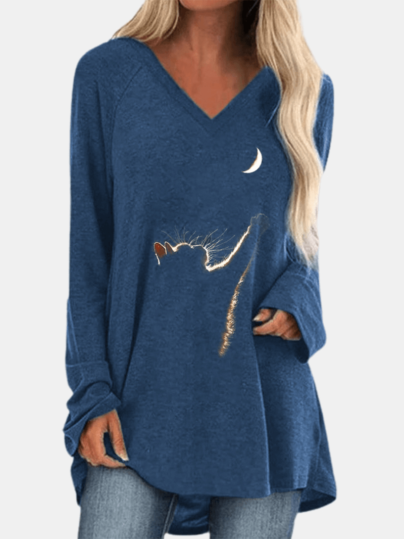 Cat Print Long Sleeves V-Neck High Low Hem Casual T-Shirt for Women - MRSLM