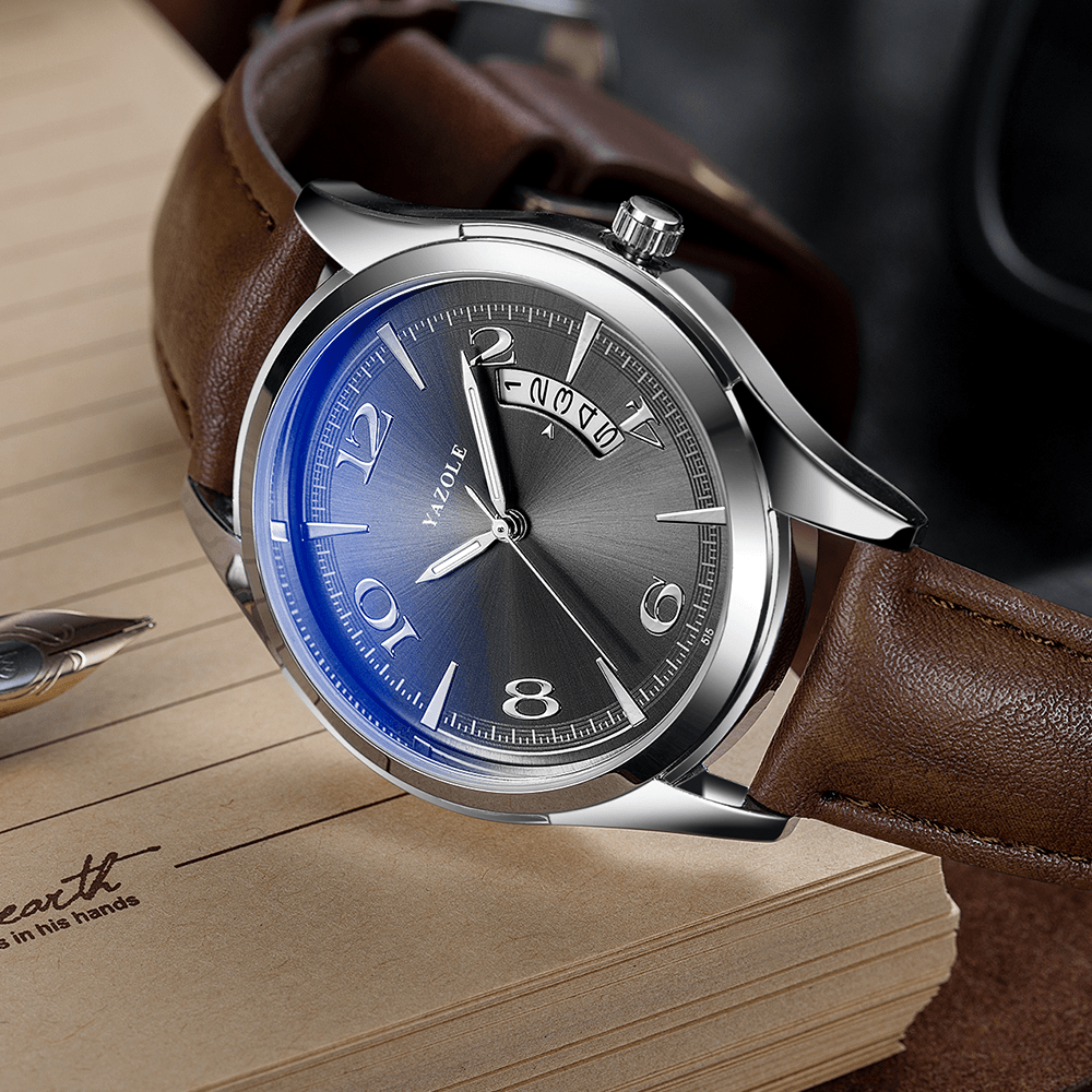 YAZOLE 515 Calendar Date Display Fashion Leather Strap Men Casual Dial Luminous Display Quartz Watch - MRSLM