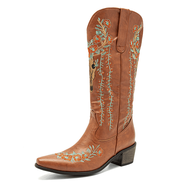 Women Retro Floral Animal Embroidery Leather Pointy-Toe V-Cut Chunky Heel Mid-Calf Knight Boots - MRSLM