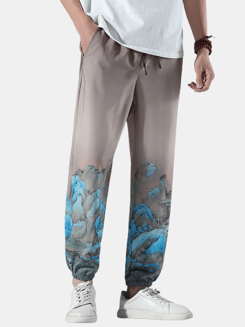 Mens Casual Landscape Print Drawstring Loose Pants - MRSLM