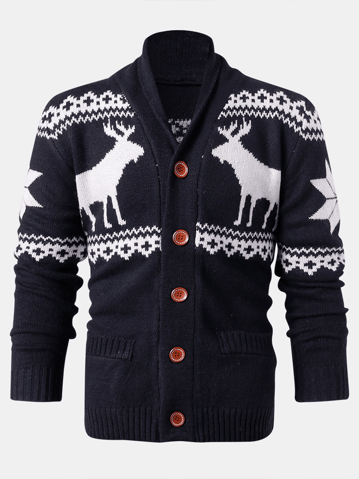 Mens Christmas Reindeer Button Thick Warm Casual Knitted Cardigan Sweater - MRSLM