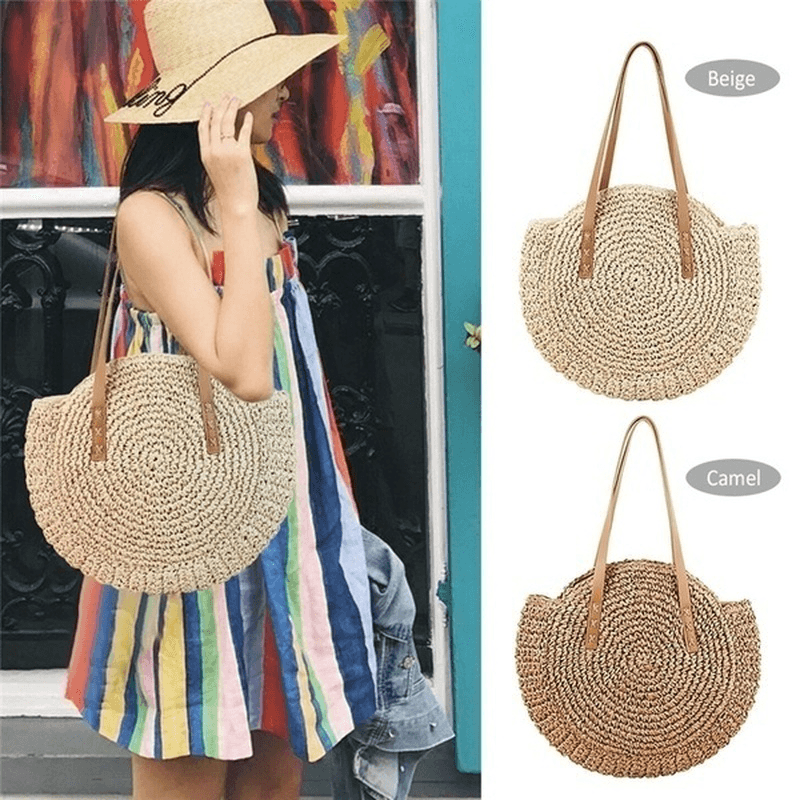 Women Leisure round Straw Bag Woven Beach Bag Shoulder Bag - MRSLM