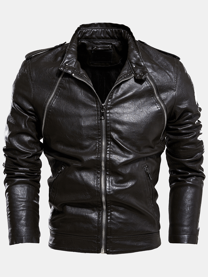 Mens Multi-Zipper Warm Lining Biker PU Leather Jacket - MRSLM