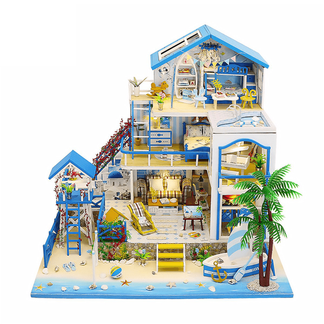 Wooden DIY Beach Villa Doll House Miniature Kit Handmade Assemble Toy with LED Light for Birthday Gift Collection Home Decor - MRSLM