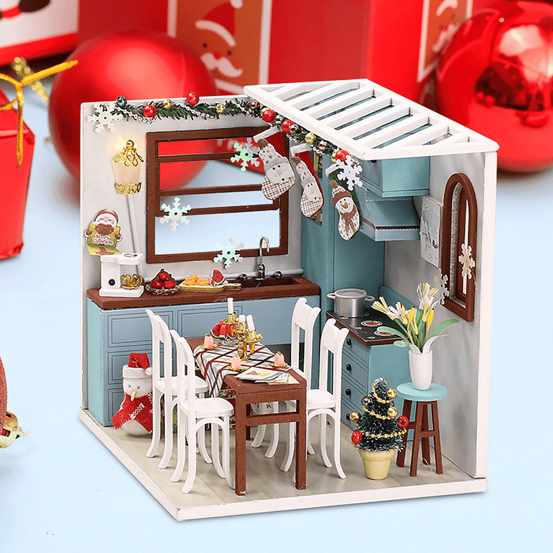 Wooden Dining Room DIY Handmade Assemble Doll House Miniature Furniture Kit Education Toy with LED Light for Collection Birthday Gift - MRSLM