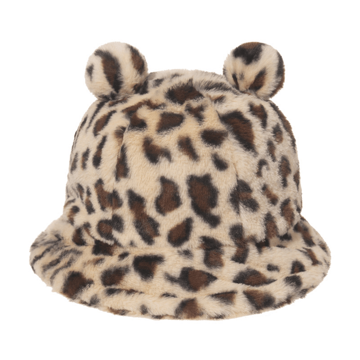 Leopard Print Bear Ear Ball Plush Fisherman Hat - MRSLM