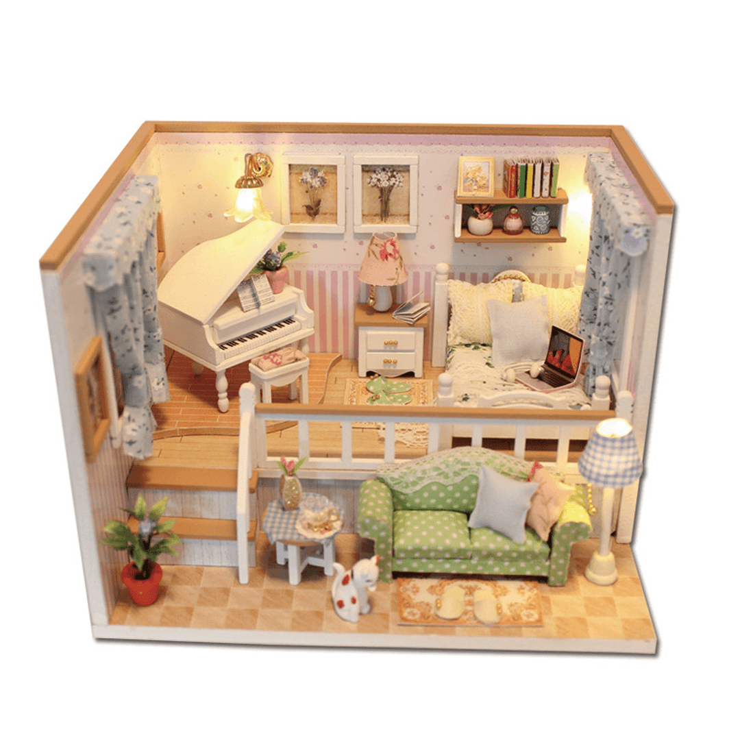 Wooden Multi-Style 3D DIY Handmade Assemble Doll House Miniature Kit with Furniture LED Light Education Toy for Kids Gift Collection - MRSLM