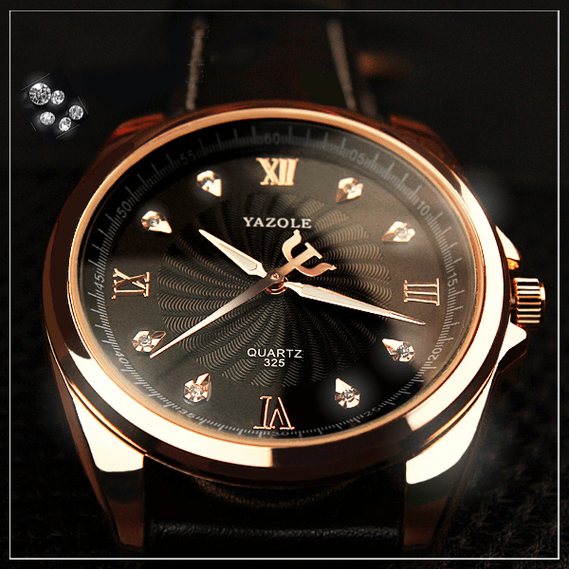 YAZOLE 325 Men Crystal Rose Gold Case Leather Band Luminous Display Quartz Watch - MRSLM