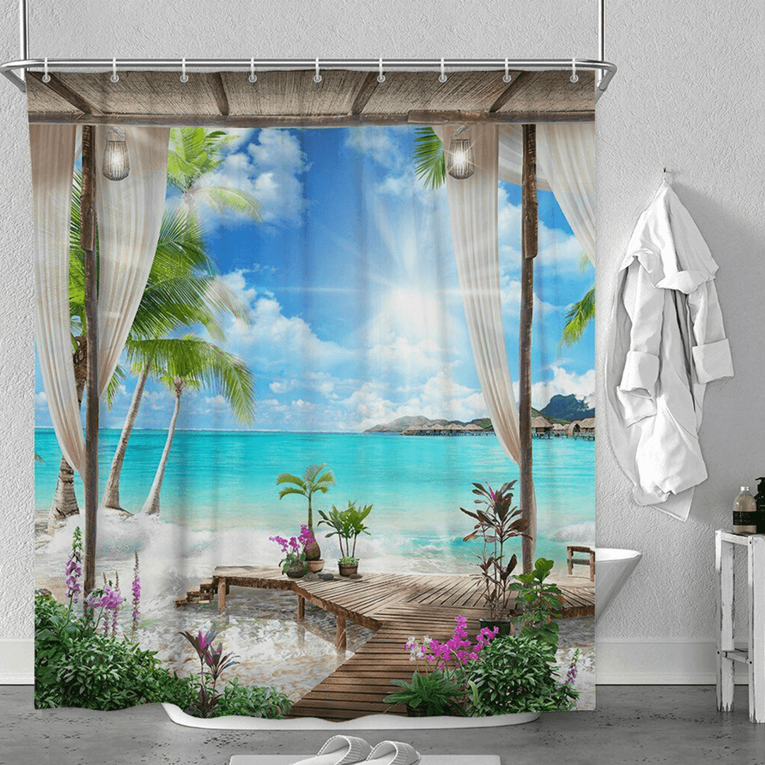 1/3Pcs Shower Curtain Set Bay Printing Toilet Cover Mat Bathroom Non-Slip Mat - MRSLM