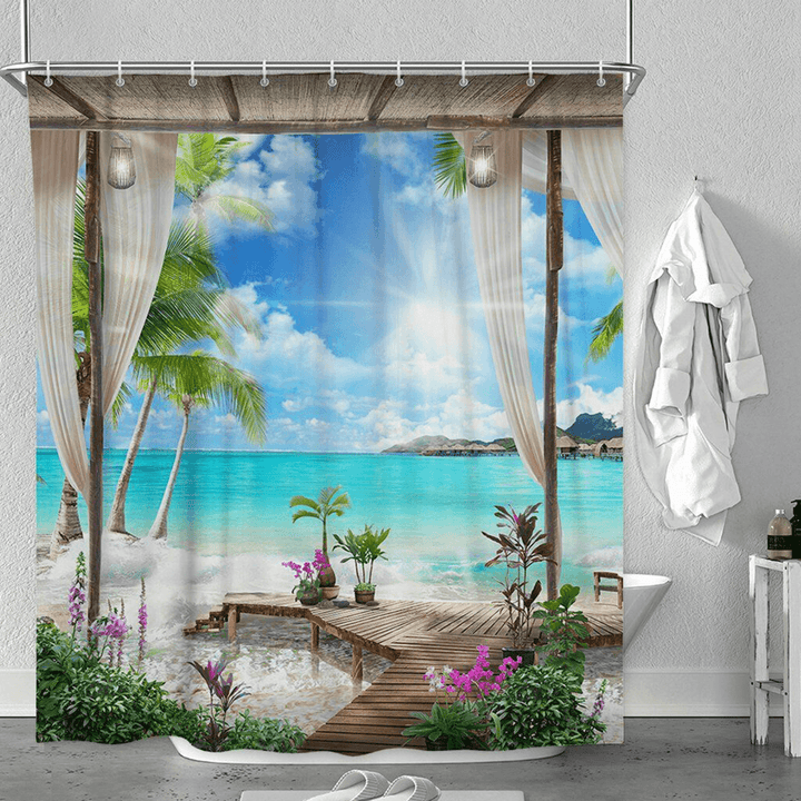 1/3Pcs Shower Curtain Set Bay Printing Toilet Cover Mat Bathroom Non-Slip Mat - MRSLM