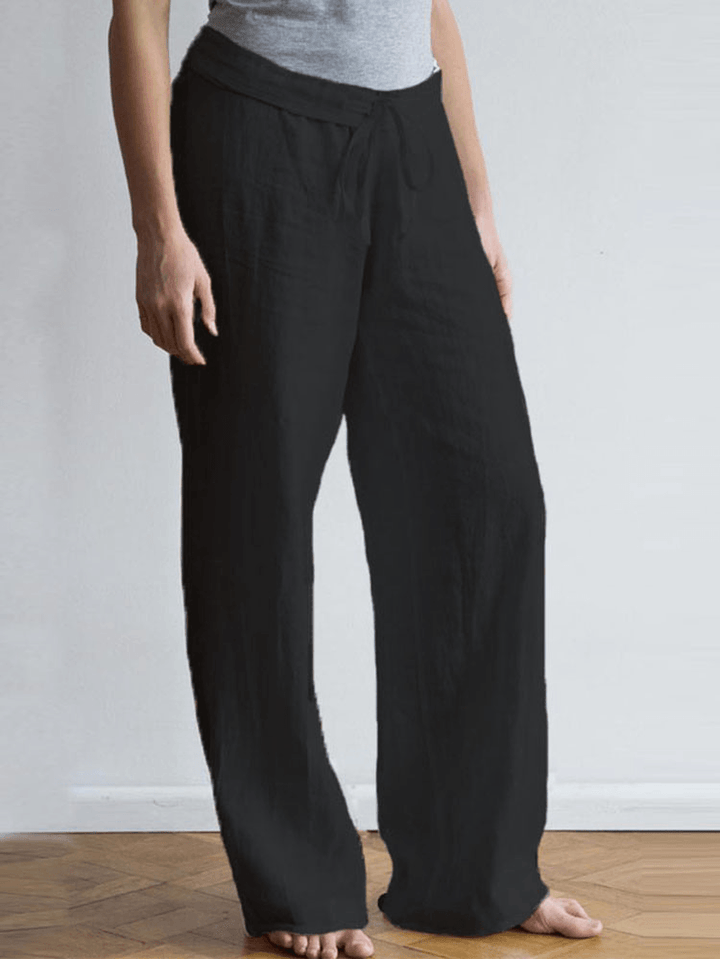 Women Elastic Waist Pockets Long Cotton Wide Leg Pants - MRSLM