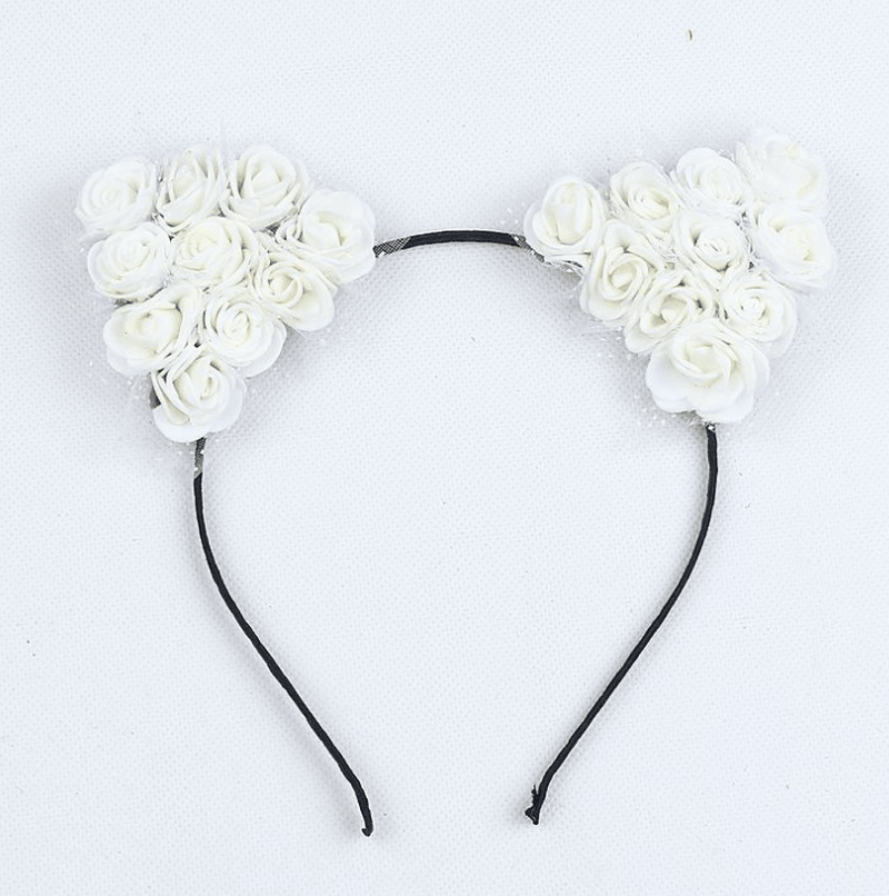 Cheveux Accessoires AWAYTR 2021 Blanc Rose Fleur Chat Oreilles Bandeaux Filles Fleur Bandeau Enfants Faits À La Main Tissu Floral Bandes De Cheveux - MRSLM